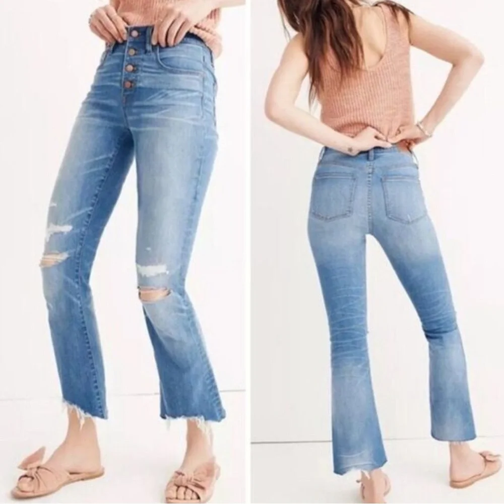 Madewell Button Fly Chewed Hem Kick Flare Cali Demi-Boot Jean in Bronson Wash 28